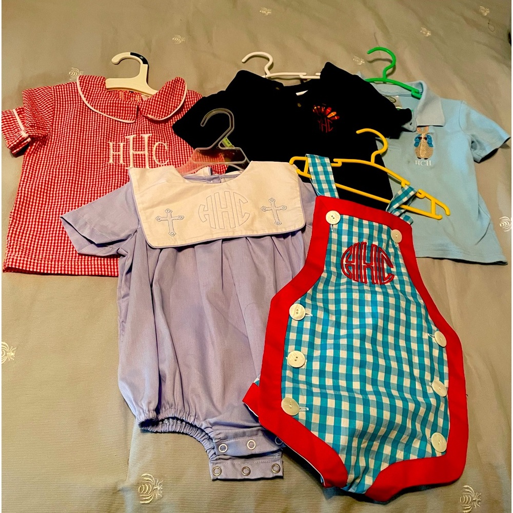 Boys HCH monogram 7 pieces. 2 onesies, sleeper, 3 shirts, swimsuit. 12 mos-4T.